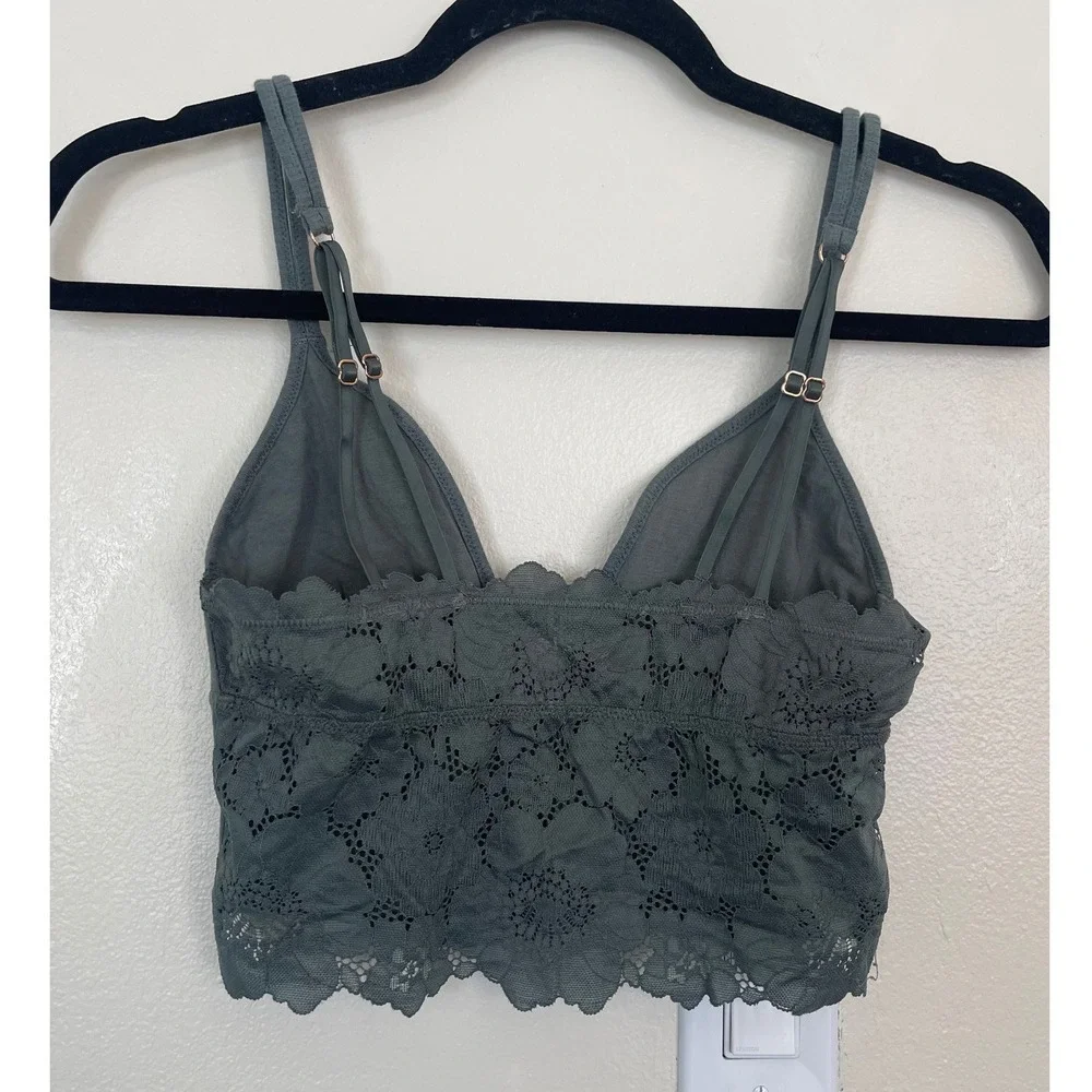 Aerie Ribbed Lace Bralette Olive Green V-Neck Adjustable Strap Top Small - Picture 2 of 4